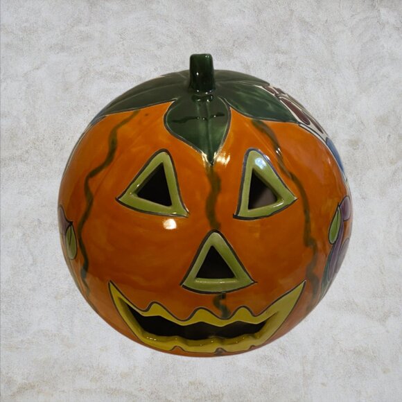 JACK O'LANTERN CANDLE HOLDER -- Talavera-Style, Ceramic, Halloween Pumpkin Décor - Picture 7 of 7